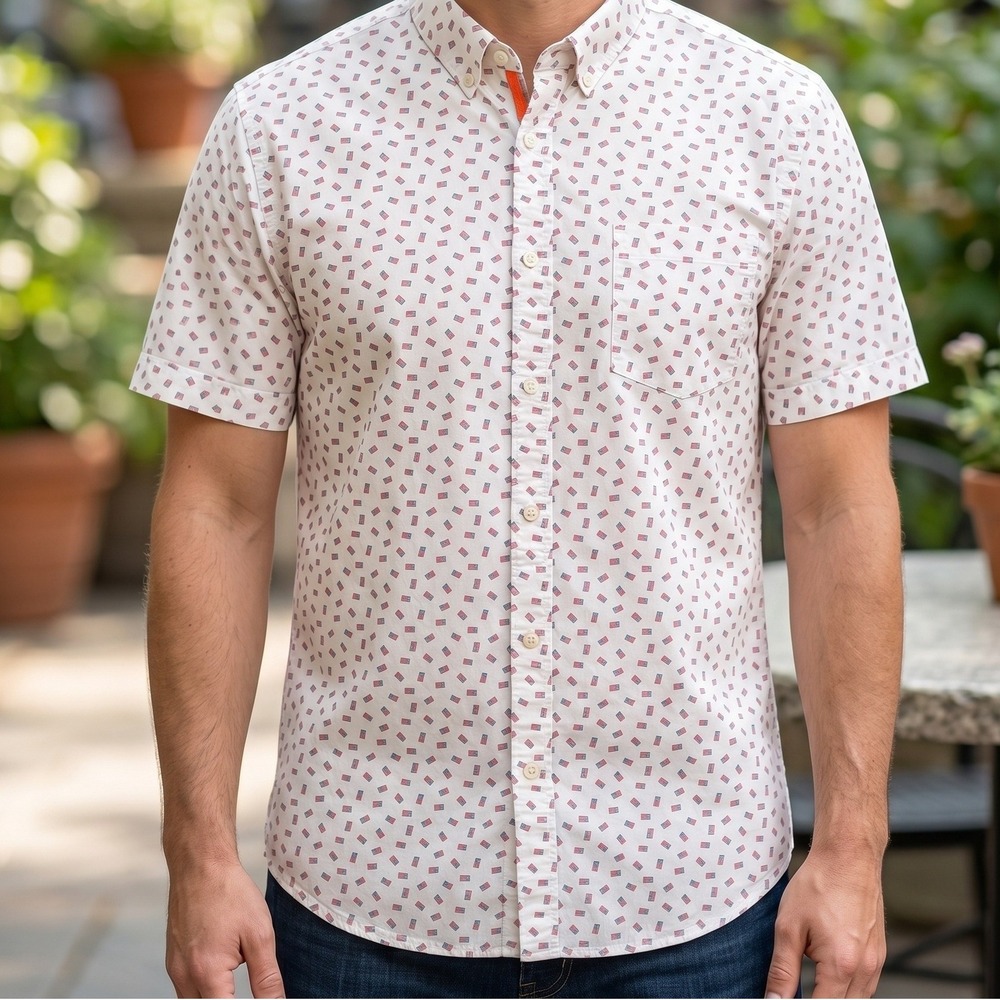 St Johns Bay Mens Performance American Flag Short Sleeve Button Down Shirt White